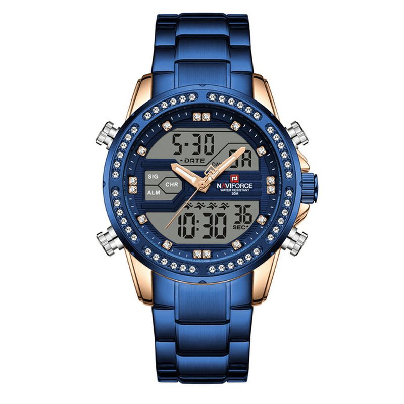 Naviforce 9190 Crystal Full Steel Band Dual Display Zegarek Kalendarz Alarm Męskie Wrist Watch