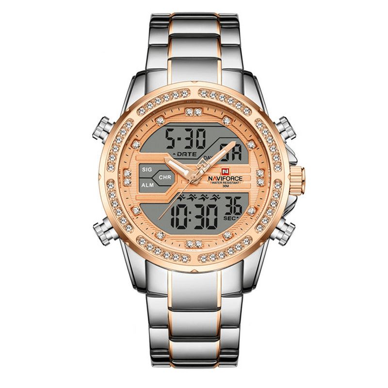 Naviforce 9190 Crystal Full Steel Band Dual Display Zegarek Kalendarz Alarm Męskie Wrist Watch