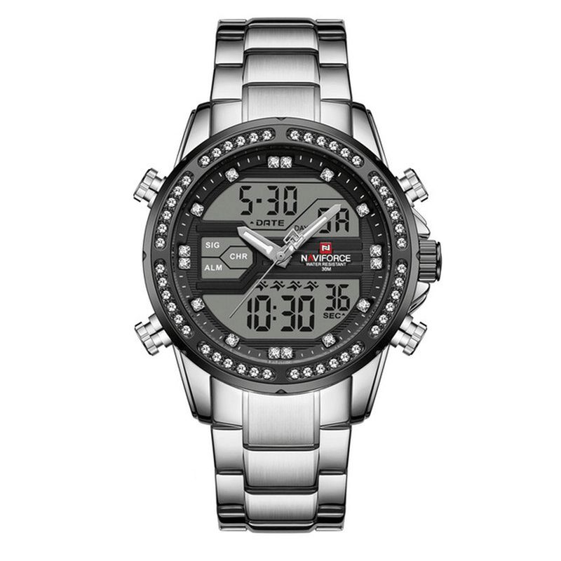 Naviforce 9190 Crystal Full Steel Band Dual Display Zegarek Kalendarz Alarm Męskie Wrist Watch