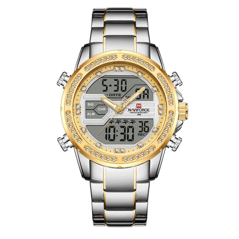 Naviforce 9190 Crystal Full Steel Band Dual Display Zegarek Kalendarz Alarm Męskie Wrist Watch