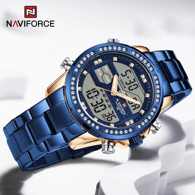 Naviforce 9190 Crystal Full Steel Band Dual Display Zegarek Kalendarz Alarm Męskie Wrist Watch