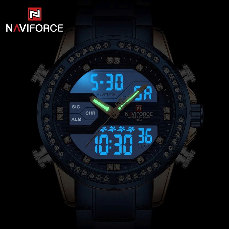 Naviforce 9190 Crystal Full Steel Band Dual Display Zegarek Kalendarz Alarm Męskie Wrist Watch