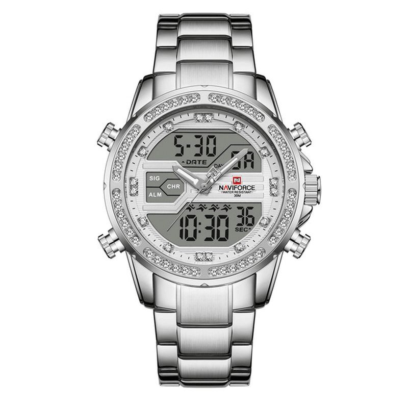 Naviforce 9190 Crystal Full Steel Band Dual Display Zegarek Kalendarz Alarm Męskie Wrist Watch