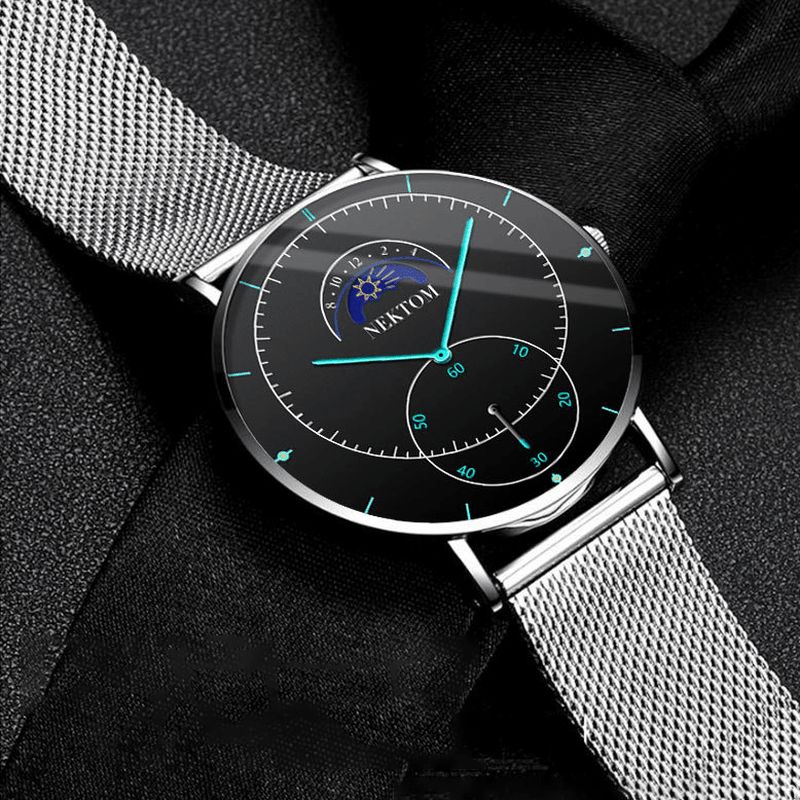 Nektom Business Codzienne Moonstar Dial Steel Mesh Band Wodoodporny Męski Zegarek Kwarcowy