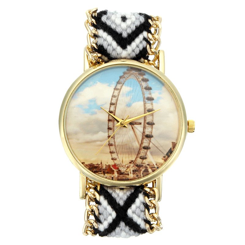 Niestandardowy Zegarek Damski W Stylu Ludowym Ferris Wheel Alloy Case Dzianinowy Pasek Z Tkaniny Codzienne Retro Kwarcowy Zegarek Na Rękę