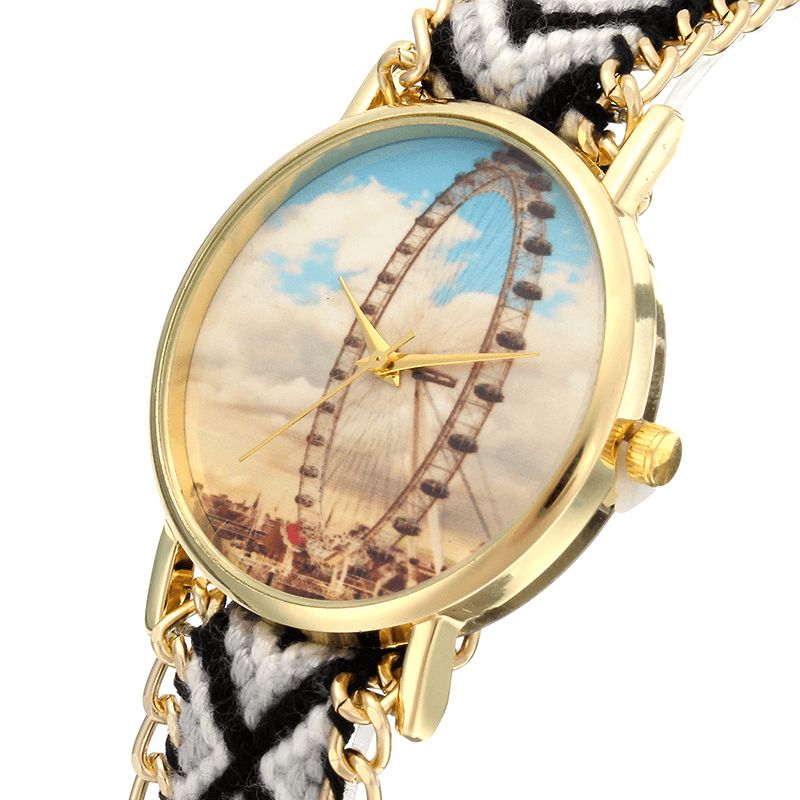 Niestandardowy Zegarek Damski W Stylu Ludowym Ferris Wheel Alloy Case Dzianinowy Pasek Z Tkaniny Codzienne Retro Kwarcowy Zegarek Na Rękę