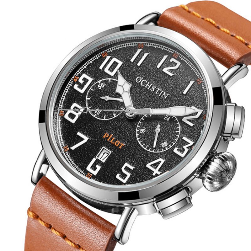 Ochstin Gq077A Kalendarz Codzienne Style Męskie Wrist Zegarek Skórzany Pasek Elegancki Zegarek Kwarcowy