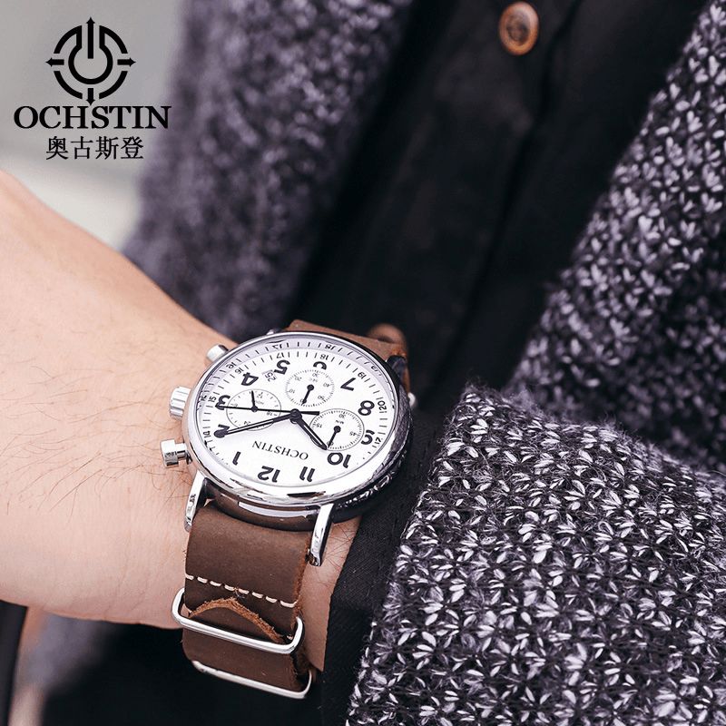 Ochstin Gq081A Chronograph Codzienne Style Męski Zegarek Na Rękę Zegarek Kwarcowy Z Prawdziwej Skóry