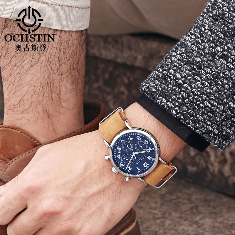 Ochstin Gq081A Chronograph Codzienne Style Męski Zegarek Na Rękę Zegarek Kwarcowy Z Prawdziwej Skóry