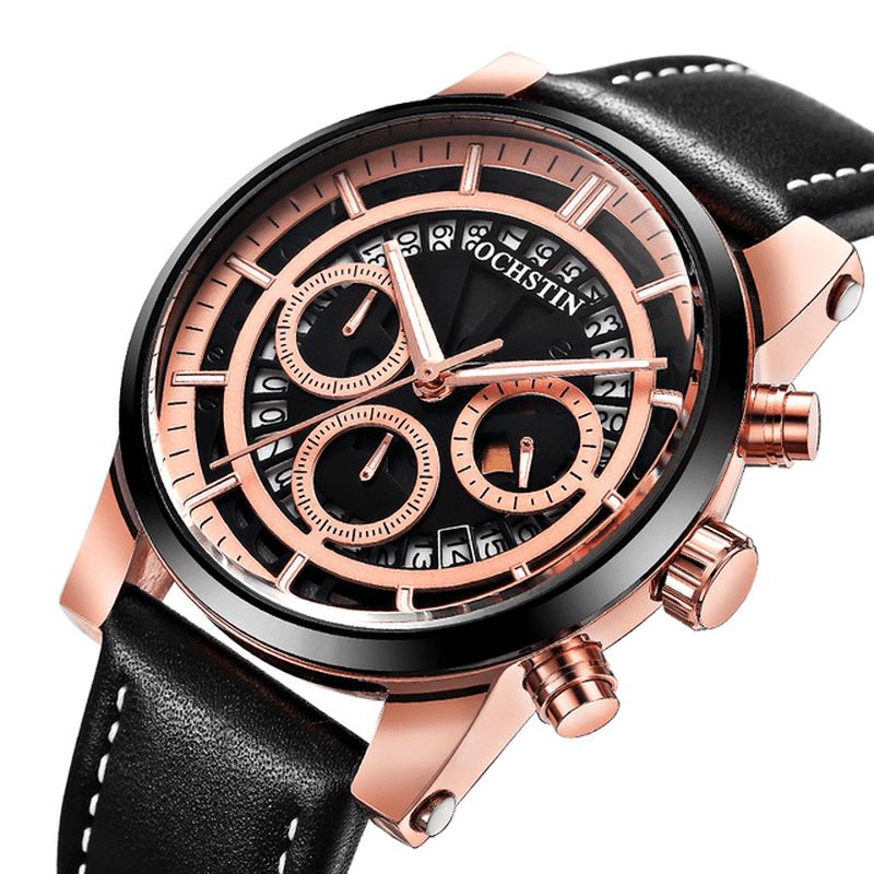 Ochstin Gq6110A Luminous Display Męskie Wrist Zegarek Chronograph Skórzany Pasek Zegarki Kwarcowe