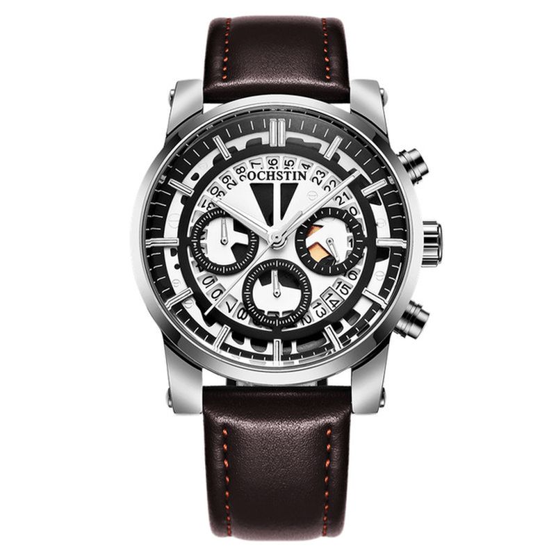 Ochstin Gq6110A Luminous Display Męskie Wrist Zegarek Chronograph Skórzany Pasek Zegarki Kwarcowe