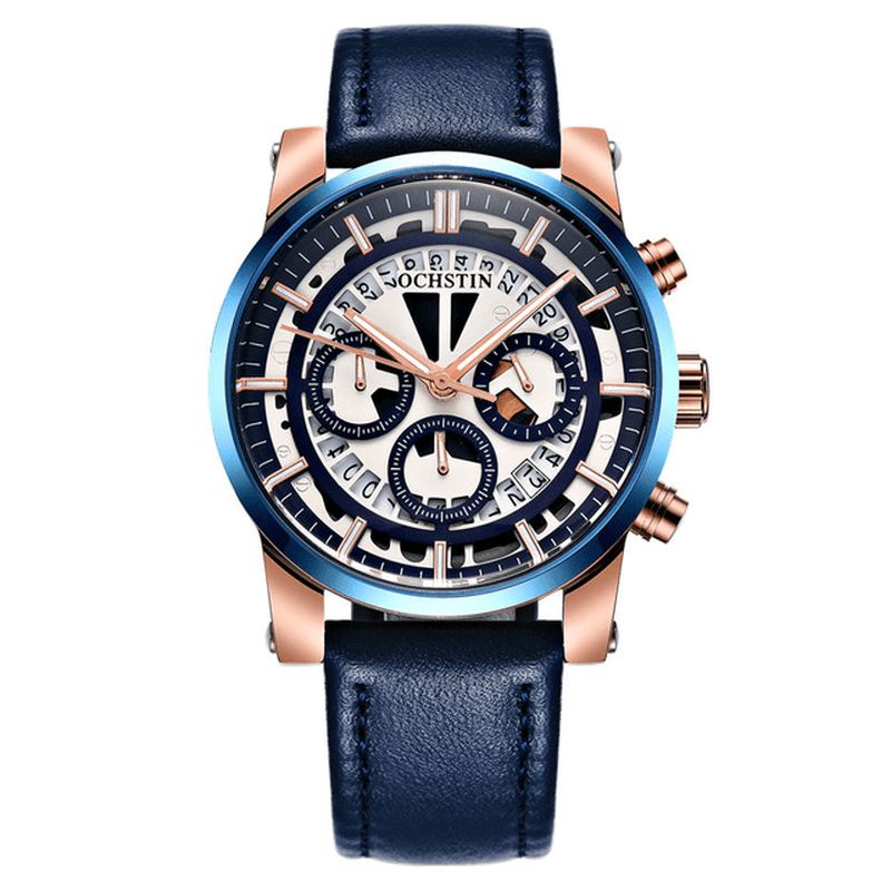 Ochstin Gq6110A Luminous Display Męskie Wrist Zegarek Chronograph Skórzany Pasek Zegarki Kwarcowe