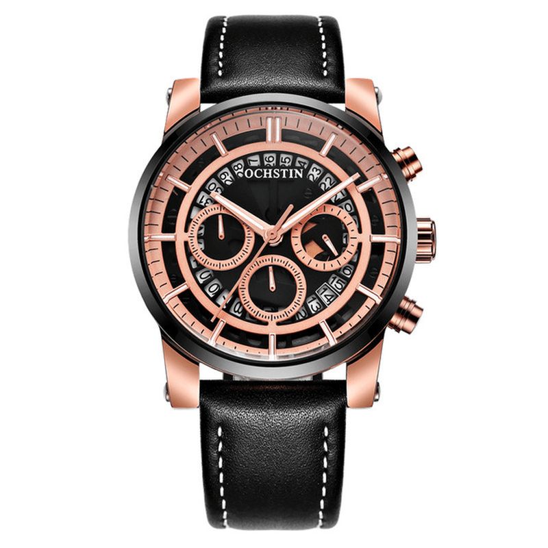 Ochstin Gq6110A Luminous Display Męskie Wrist Zegarek Chronograph Skórzany Pasek Zegarki Kwarcowe