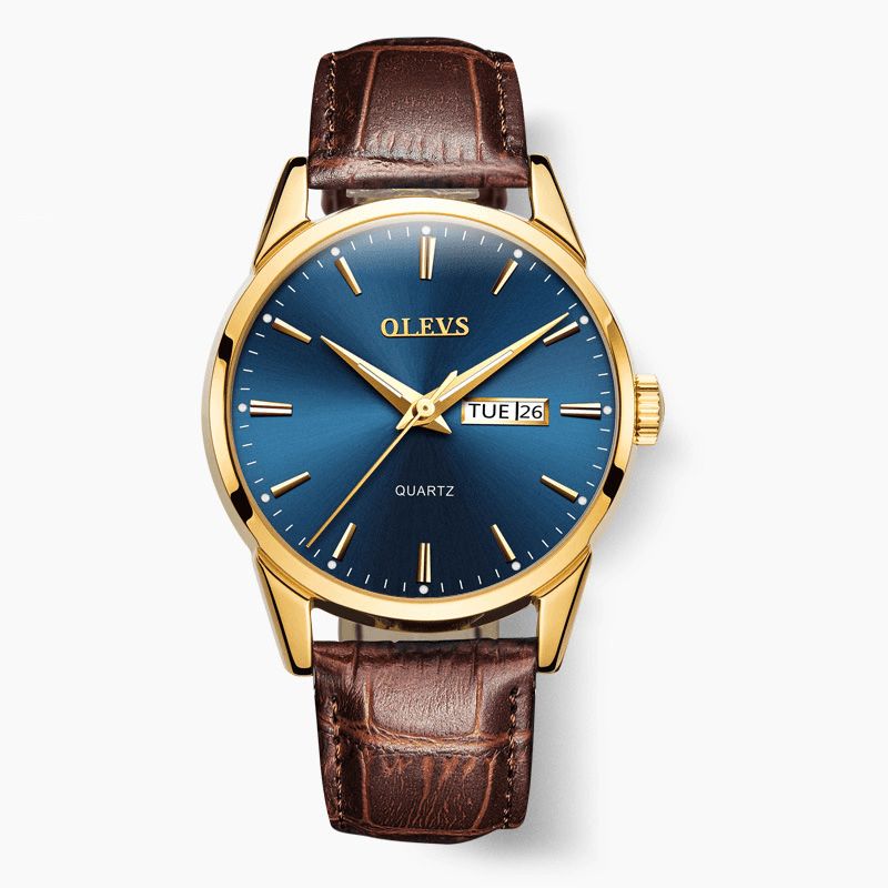 Olevs 6898 Moda Męskie Zegarek Wyświetlanie Daty Tygodnia Skórzany Pasek Codzienne Quartz Watch