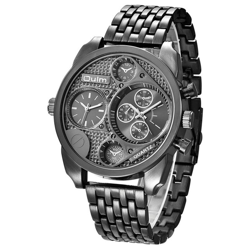 Oulm 9316 Business Style Full Steel Męskie Wrist Zegarek Podwójne Strefy Czasowe Zegarek Kwarcowy