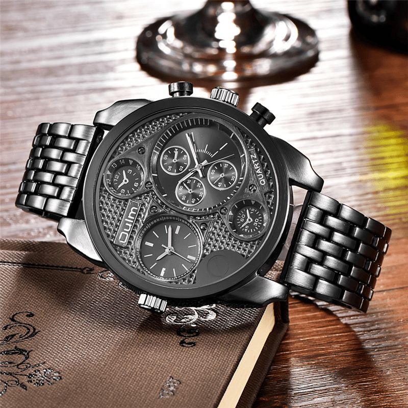 Oulm 9316 Business Style Full Steel Męskie Wrist Zegarek Podwójne Strefy Czasowe Zegarek Kwarcowy