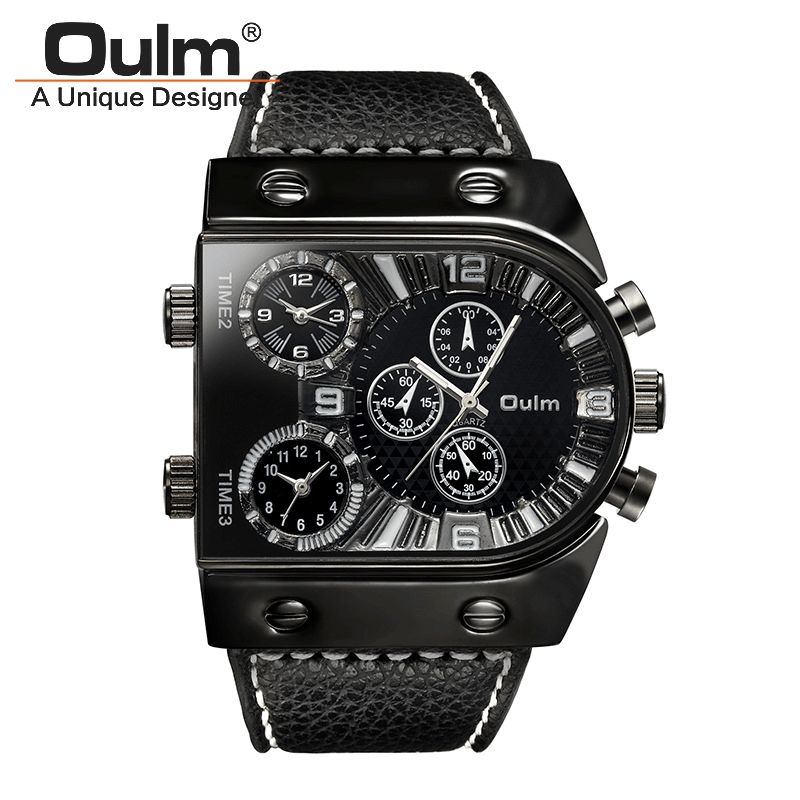 Oulm Big Dial Vintage Multi Time Zone Zegarek Kwarcowy Pu Leather Band Męskie Wrist Watch