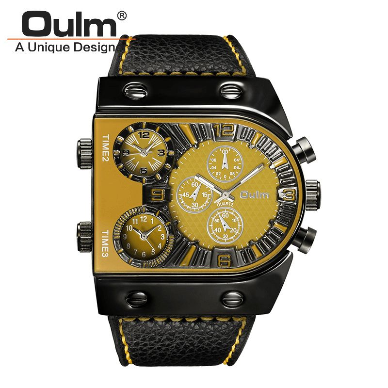 Oulm Big Dial Vintage Multi Time Zone Zegarek Kwarcowy Pu Leather Band Męskie Wrist Watch