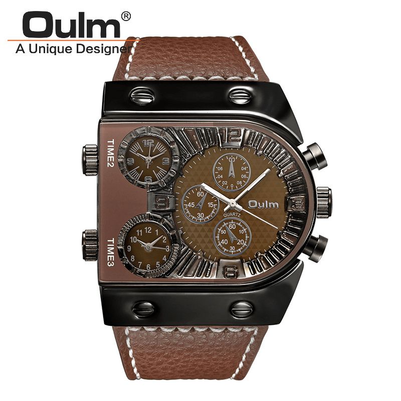 Oulm Big Dial Vintage Multi Time Zone Zegarek Kwarcowy Pu Leather Band Męskie Wrist Watch