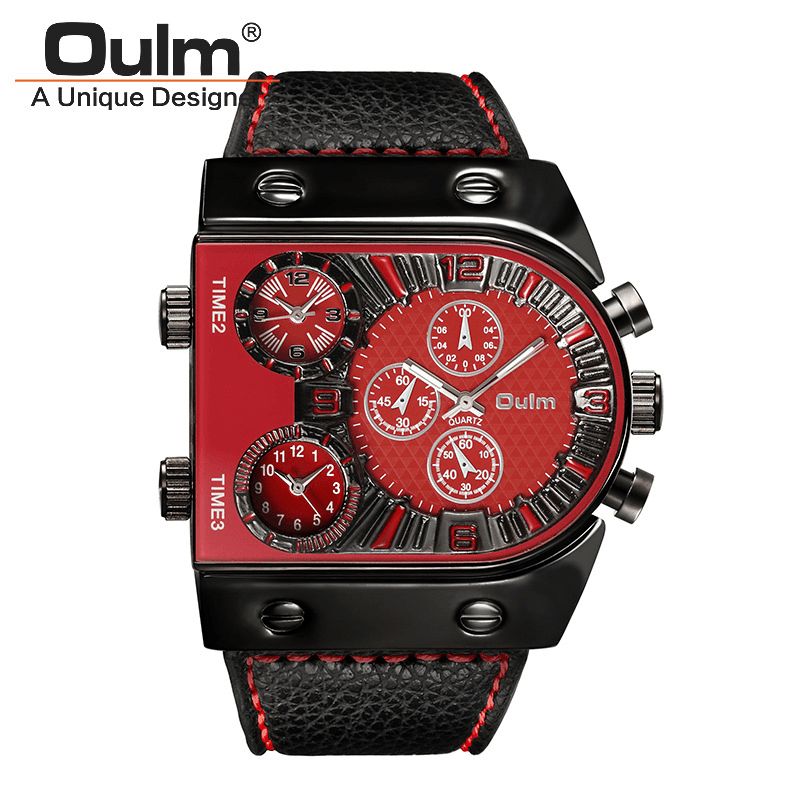 Oulm Big Dial Vintage Multi Time Zone Zegarek Kwarcowy Pu Leather Band Męskie Wrist Watch