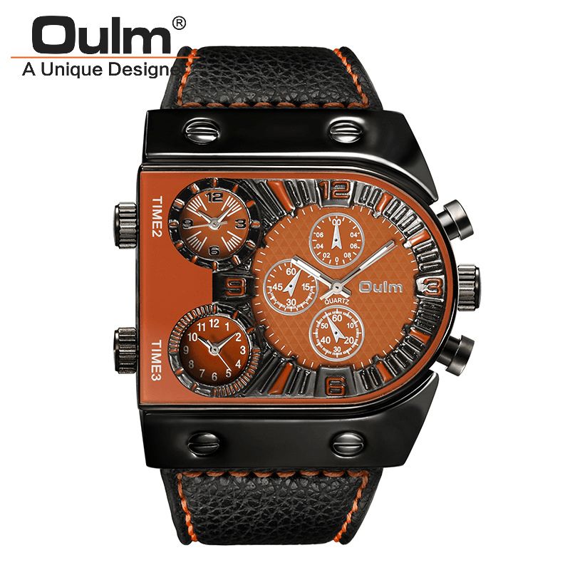 Oulm Big Dial Vintage Multi Time Zone Zegarek Kwarcowy Pu Leather Band Męskie Wrist Watch