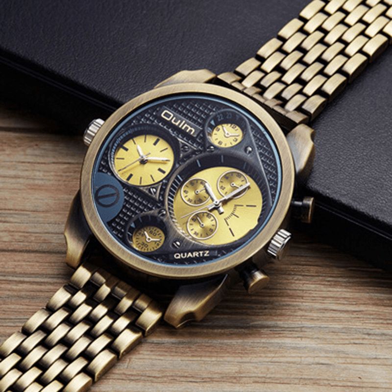 Oulm Business Vintage Large Dial Dual Time Zone Alloy Band Męski Zegarek Kwarcowy