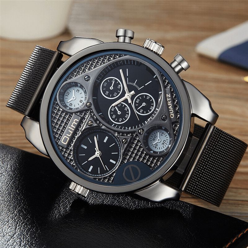 Oulm Ht9316B Vintage Moda Zegarek Kwarcowy Duża Tarcza Podwójna Strefa Czasowa Mesh Band Męskie Watch