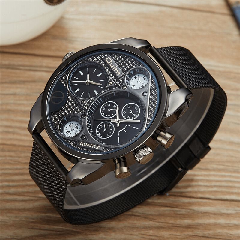 Oulm Ht9316B Vintage Moda Zegarek Kwarcowy Duża Tarcza Podwójna Strefa Czasowa Mesh Band Męskie Watch