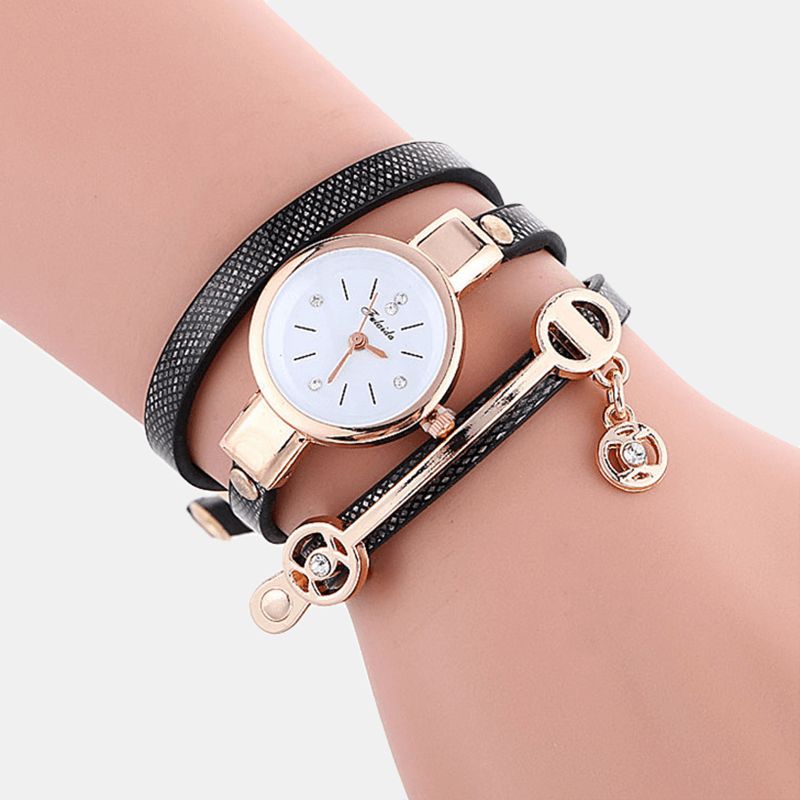 Retro Pu Strap Rhinestone Wielowarstwowy Zegarek Metalowy Wisiorek Regulowany Klasyczny Damski Zegarek Kwarcowy