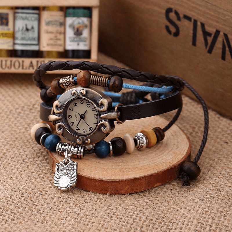 Retro Style Vintage Pleciony Zegarek Kwarcowy Atmosferyczny Wysadzany Koralikami Skórzany Sowa Wisiorek Bransoletka Watch