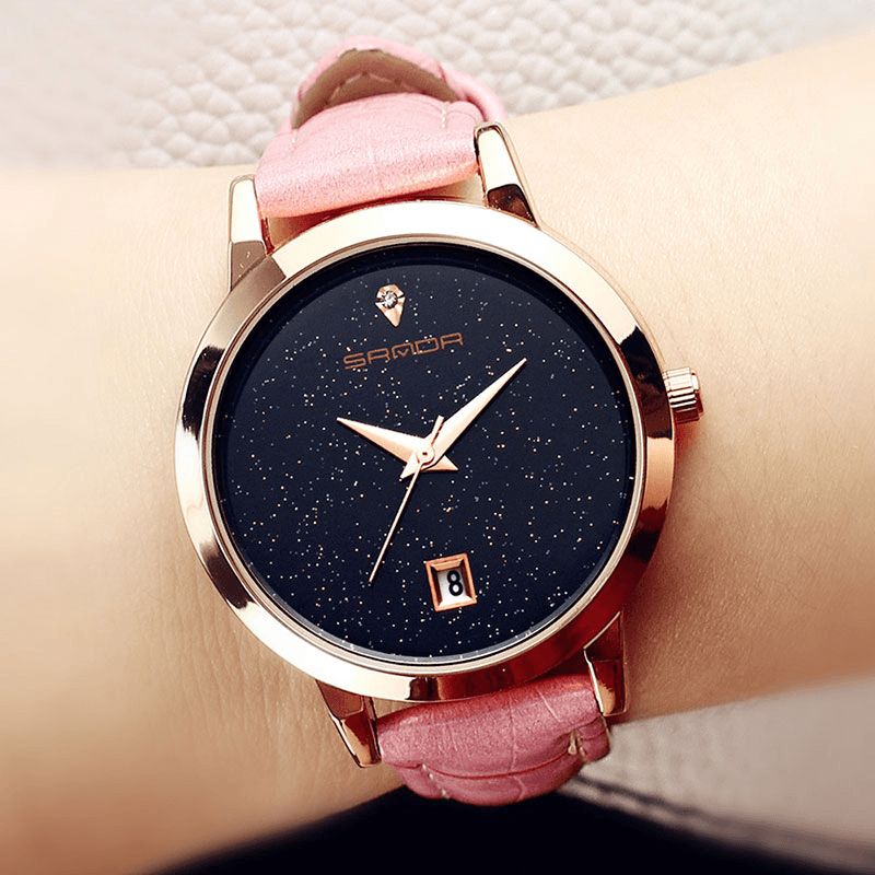 Sanda Moda Skórzany Pasek Czarny Starry Sky Dial Wyświetlacz Daty Damska Sukienka Damski Zegarek Kwarcowy