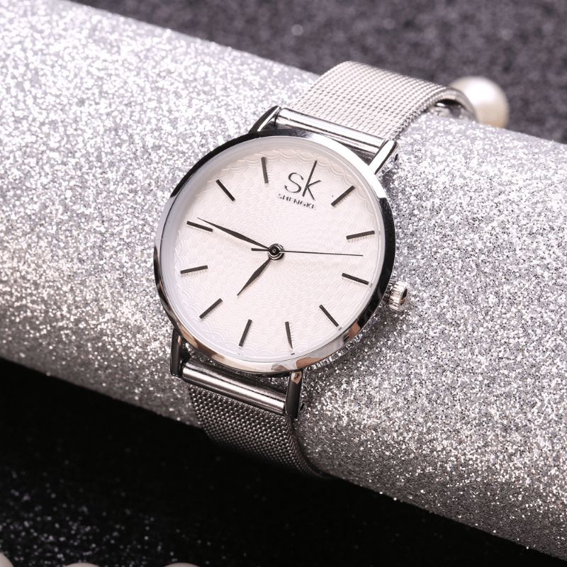 Shengke Codzienne Style Ultra Cienki Damski Zegarek Na Rękę Mesh Steel Band Quartz Watch