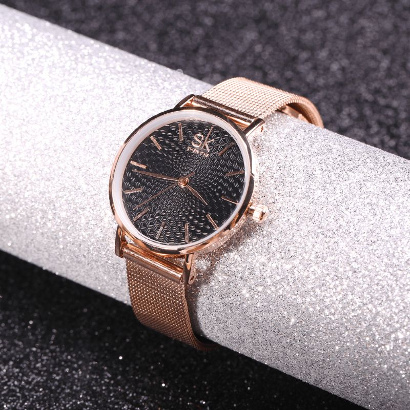 Shengke Codzienne Style Ultra Cienki Damski Zegarek Na Rękę Mesh Steel Band Quartz Watch