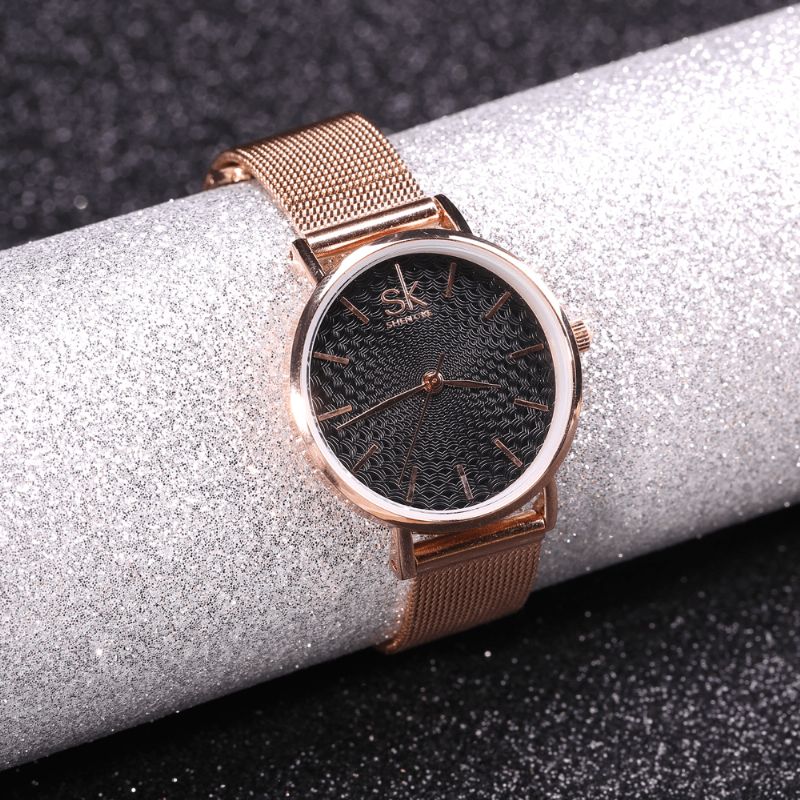 Shengke Codzienne Style Ultra Cienki Damski Zegarek Na Rękę Mesh Steel Band Quartz Watch