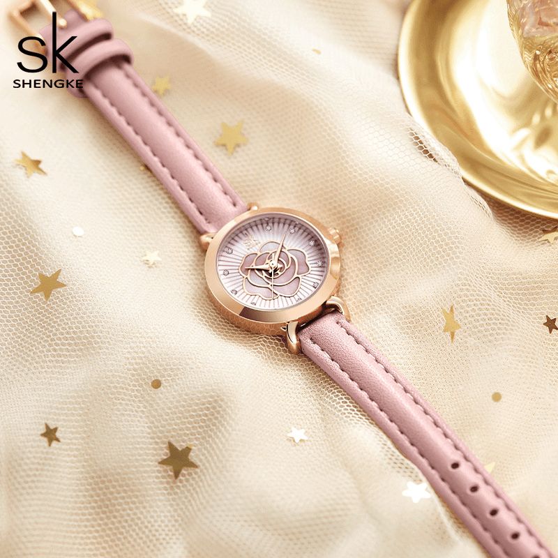 Shengke K0148 Modny Skórzany Pasek Zegarka Codzienne Dial Elegancki Damski Zegarek Kwarcowy