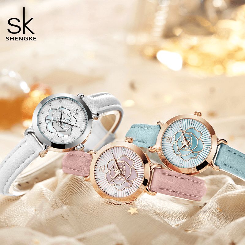 Shengke K0148 Modny Skórzany Pasek Zegarka Codzienne Dial Elegancki Damski Zegarek Kwarcowy