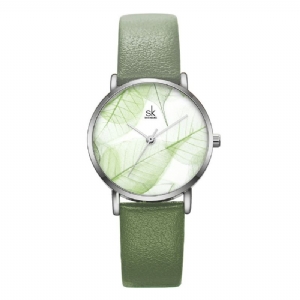 Shengke Sk K0108 Spring Jade Green Calm Brown Leaf Dial Modny Skórzany Pasek Damski Zegarek Kwarcowy