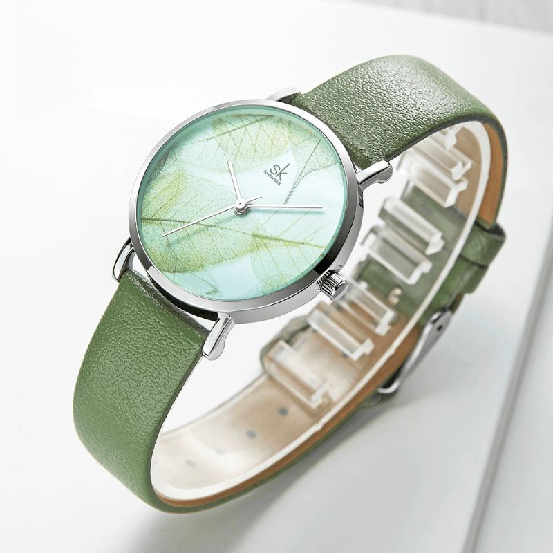 Shengke Sk K0108 Spring Jade Green Calm Brown Leaf Dial Modny Skórzany Pasek Damski Zegarek Kwarcowy