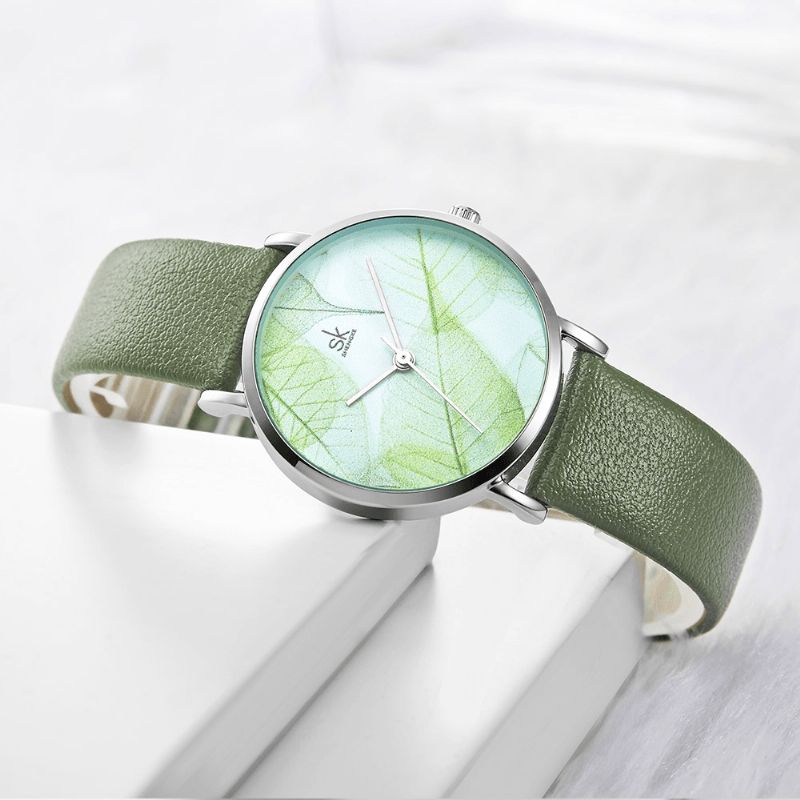 Shengke Sk K0108 Spring Jade Green Calm Brown Leaf Dial Modny Skórzany Pasek Damski Zegarek Kwarcowy