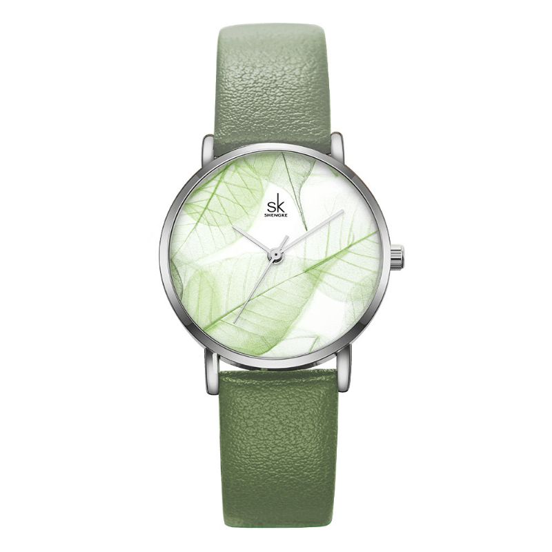 Shengke Sk K0108 Spring Jade Green Calm Brown Leaf Dial Modny Skórzany Pasek Damski Zegarek Kwarcowy