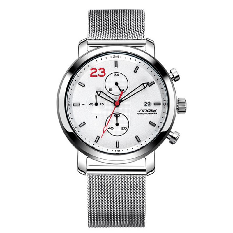 Sinobi 9765 Chronograph Codzienne Style Męskie Wrist Zegarek Mesh Stalowy Pasek Zegarki Kwarcowe