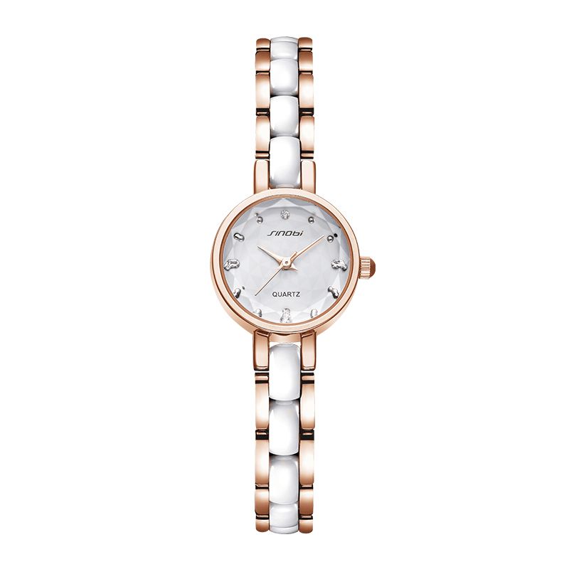 Sinobi 9836 Damskie Simple Three-Pin Crytal Diamonds Dial Moda Ceramiczny Stalowy Pasek Kwarcowy Zegarek