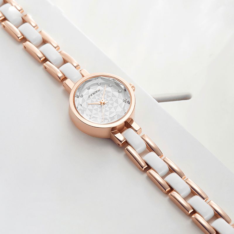 Sinobi 9836 Damskie Simple Three-Pin Crytal Diamonds Dial Moda Ceramiczny Stalowy Pasek Kwarcowy Zegarek