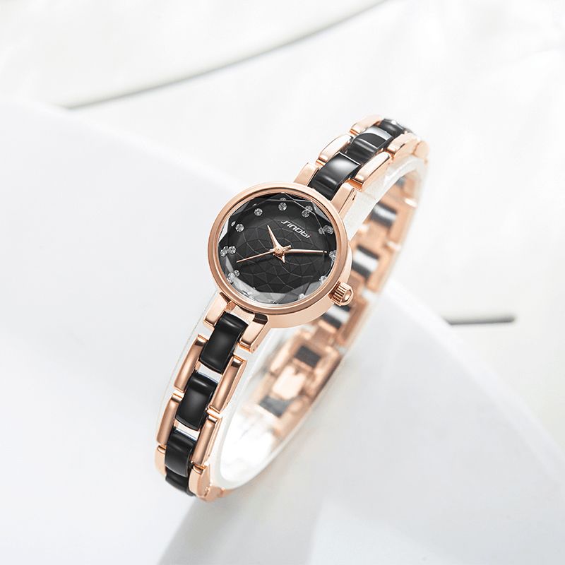 Sinobi 9836 Damskie Simple Three-Pin Crytal Diamonds Dial Moda Ceramiczny Stalowy Pasek Kwarcowy Zegarek