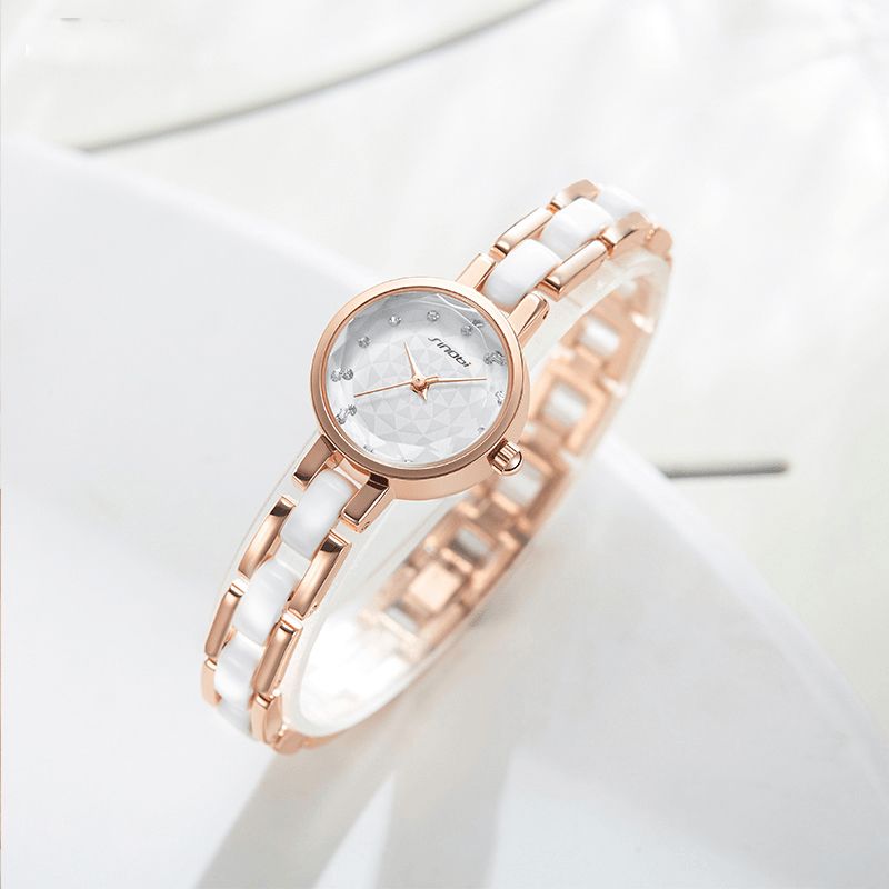 Sinobi 9836 Damskie Simple Three-Pin Crytal Diamonds Dial Moda Ceramiczny Stalowy Pasek Kwarcowy Zegarek