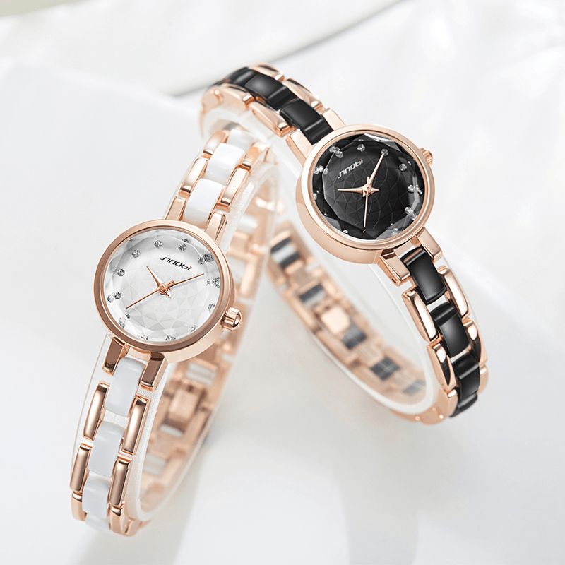 Sinobi 9836 Damskie Simple Three-Pin Crytal Diamonds Dial Moda Ceramiczny Stalowy Pasek Kwarcowy Zegarek