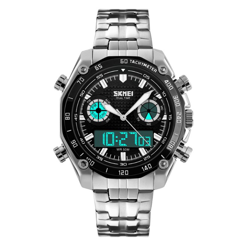 Skmei 1204 Podwójny Zegarek Cyfrowy Dsplay Męski Pasek Ze Stali Nierdzewnej Alarm Świetlny Outdoor Sport Watch