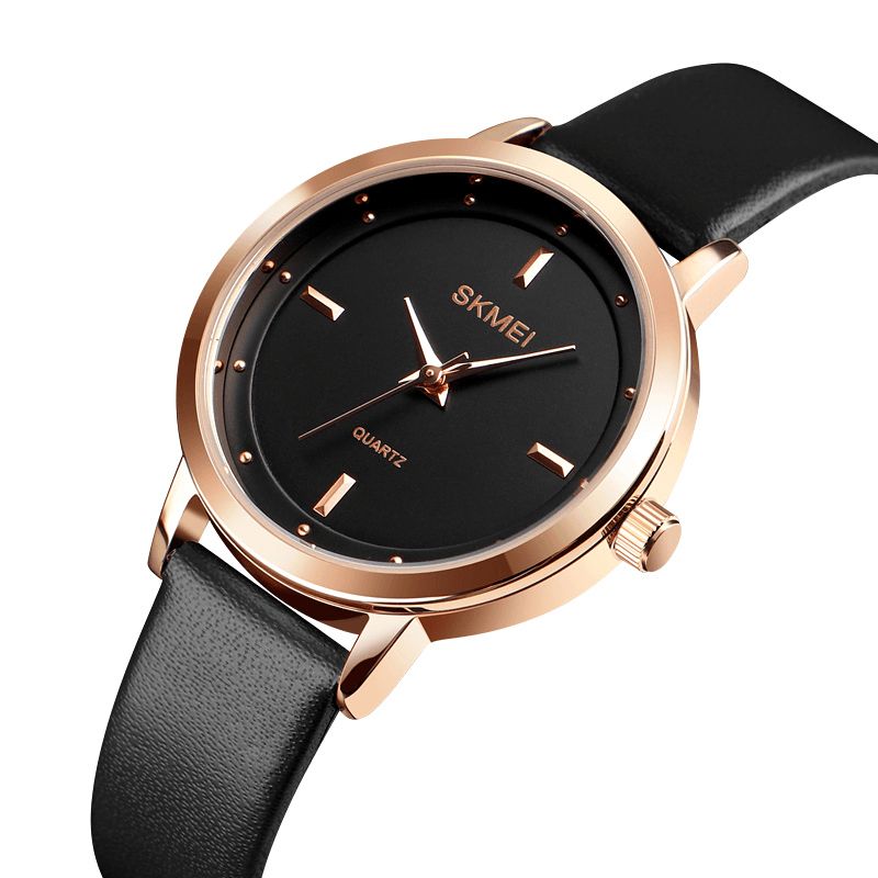 Skmei 1457 Moda Damska Prosta Tarcza Rose Gold Case Skórzany Pasek Zegarek Kwarcowy