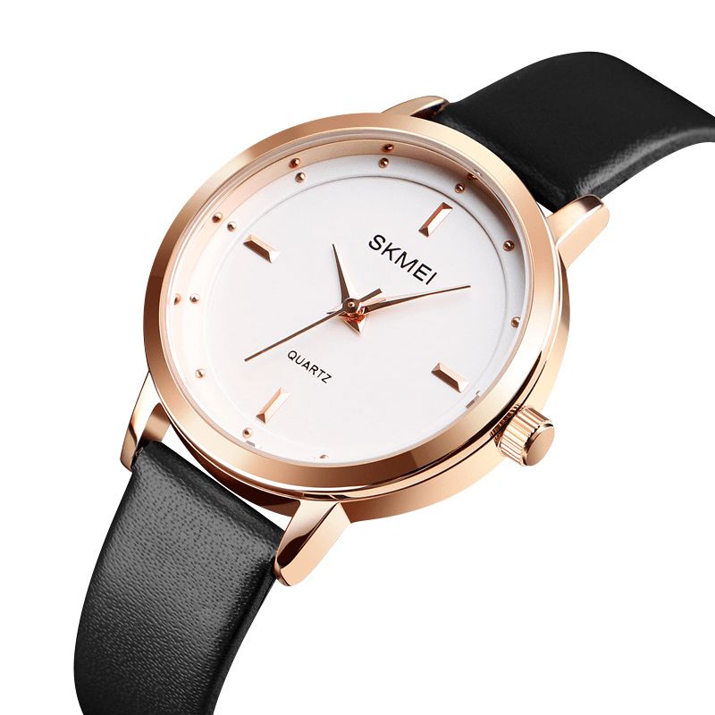 Skmei 1457 Moda Damska Prosta Tarcza Rose Gold Case Skórzany Pasek Zegarek Kwarcowy