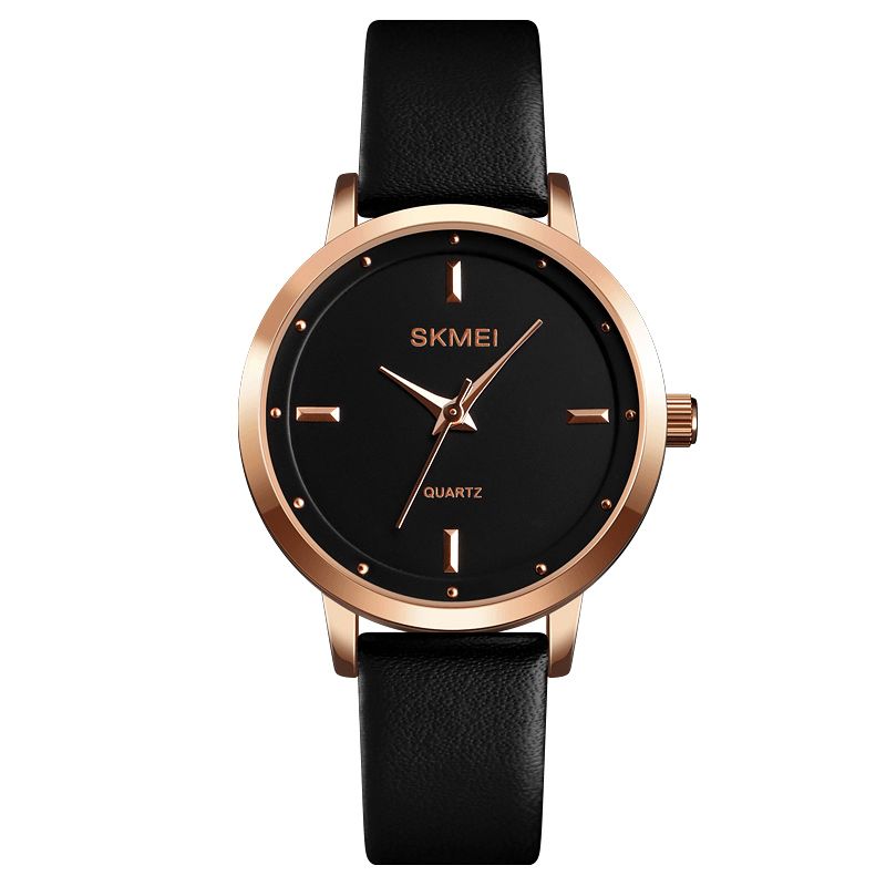 Skmei 1457 Moda Damska Prosta Tarcza Rose Gold Case Skórzany Pasek Zegarek Kwarcowy